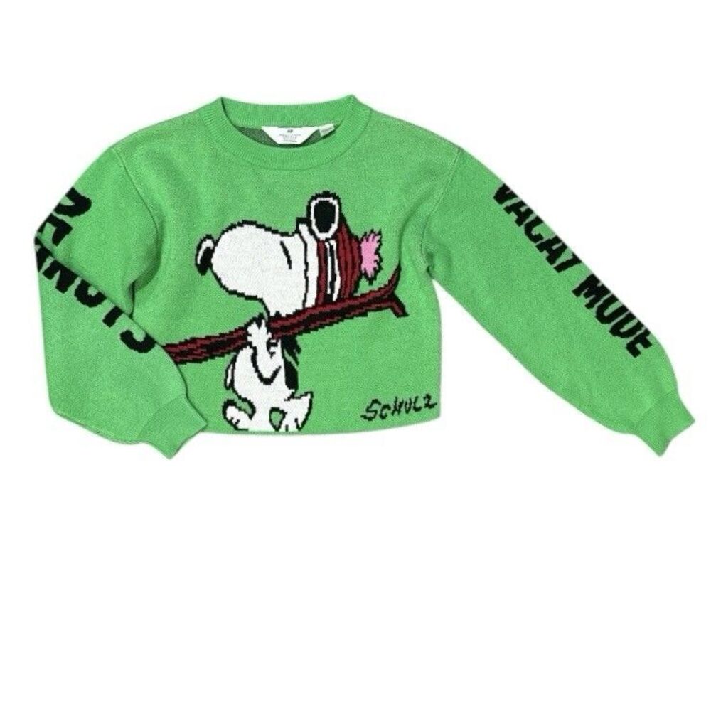 Peanuts X H&M Snoopy Holiday Sweater Snow Ski Wmns XS Youth L Cropped Christmas